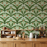 A country kitchen feels grounded against this sage green lily of the valley wallpaper.