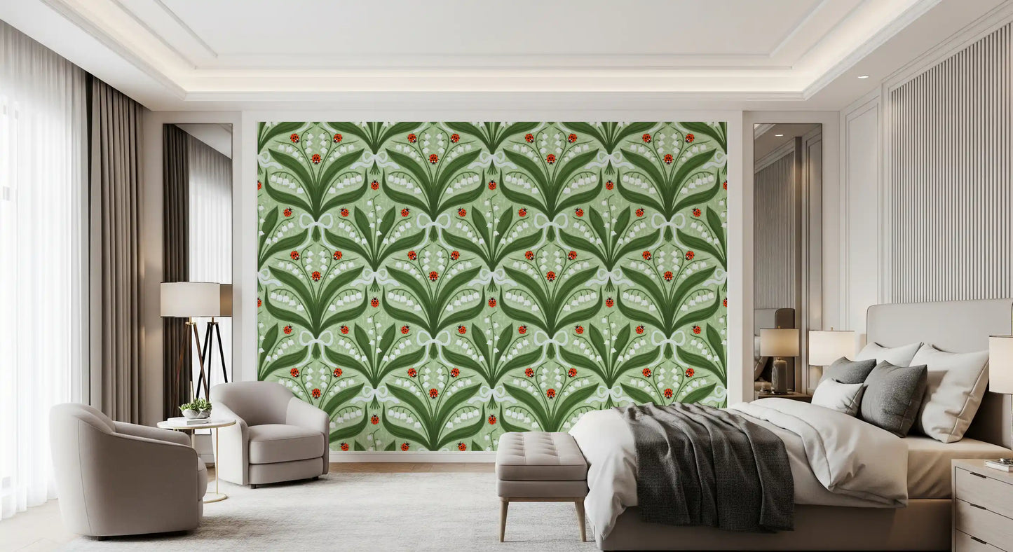 Mirrored leaf fans cradle white lily flowers across this sage green wallpaper repeat.