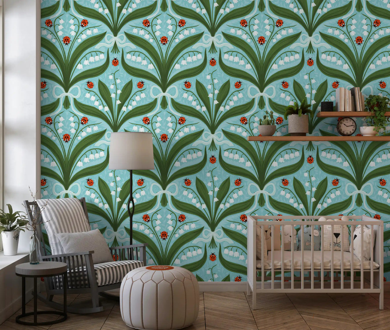 Lily of the valley and red ladybugs delight a sunny nursery on this blue wallpaper.