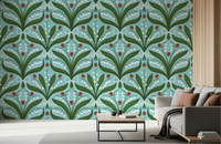 Blue and green tones lift a relaxed living room behind this lily of the valley wallpaper., GD9681