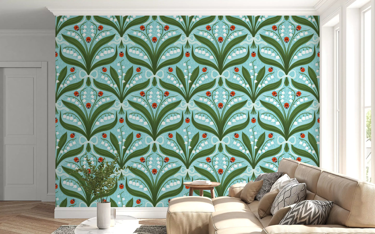 Big green leaves and lily flowers bring a Living room to life on this garden wallpaper., GD9681