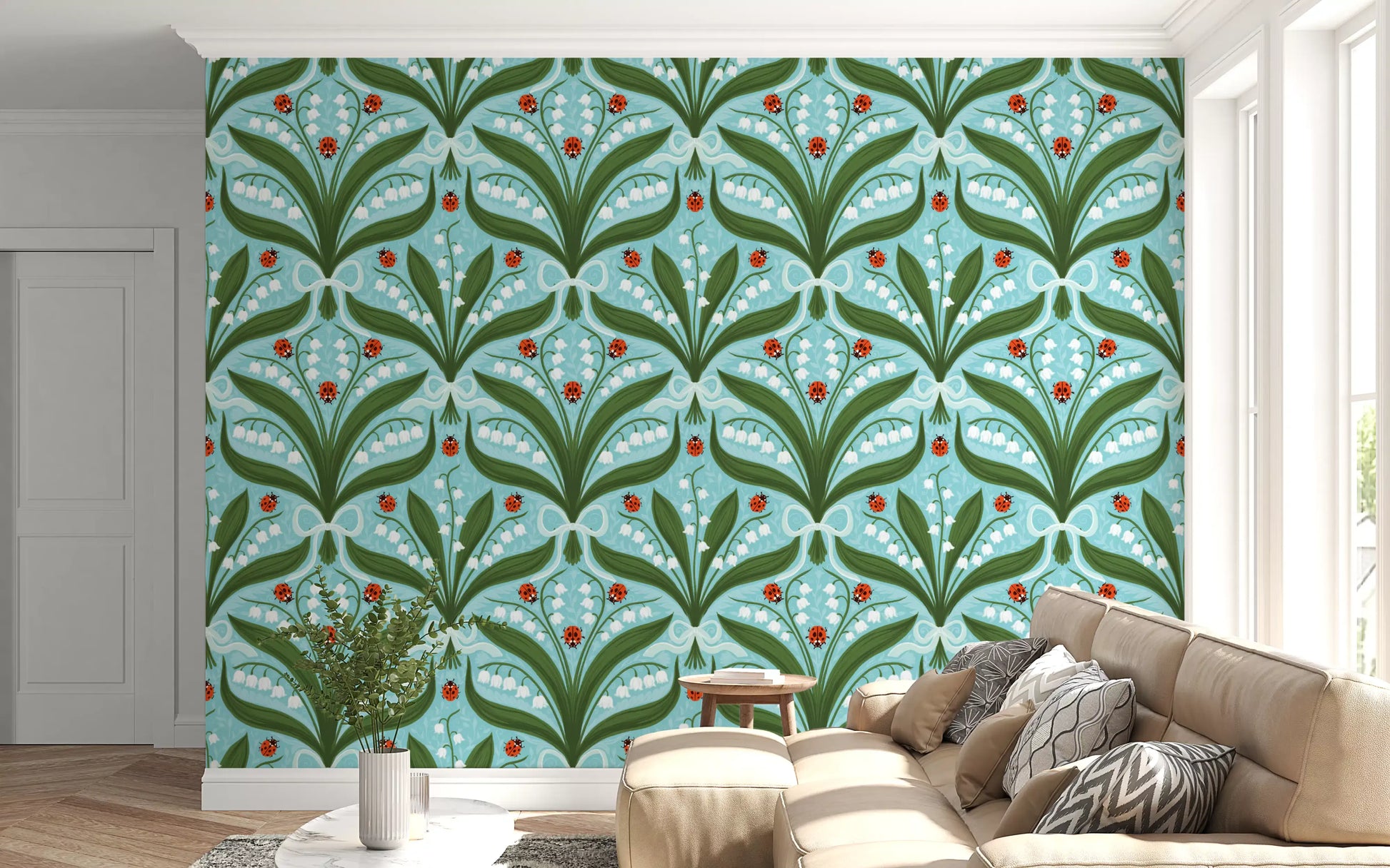 Big green leaves and lily flowers bring a Living room to life on this garden wallpaper., GD9681
