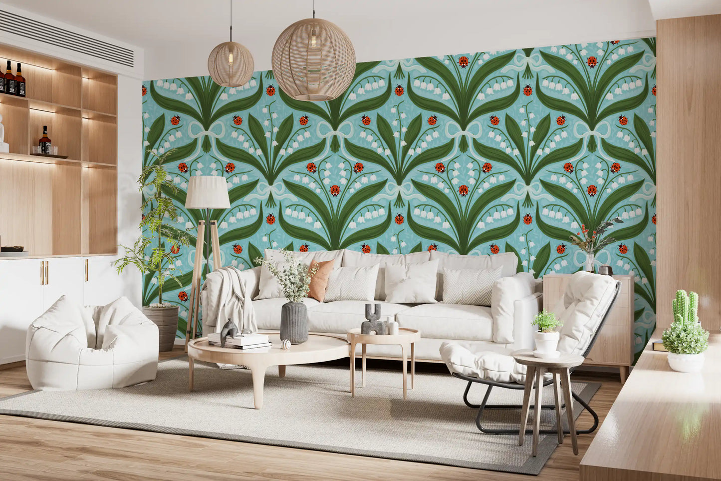 Symmetrical bouquets stretch across a lounge with this botanical blue wallpaper backdrop., GD9681