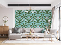 Big green leaves curve outward into mirrored fans across this botanical blue wallpaper., GD9681