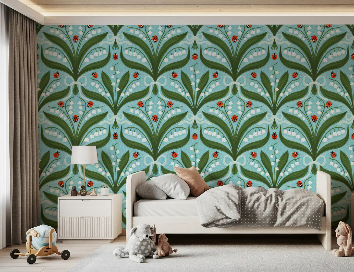 A cheerful Kids bedroom comes alive against this red ladybug and green leaf wallpaper., GD9681