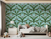 A cheerful Kids bedroom comes alive against this red ladybug and green leaf wallpaper., GD9681