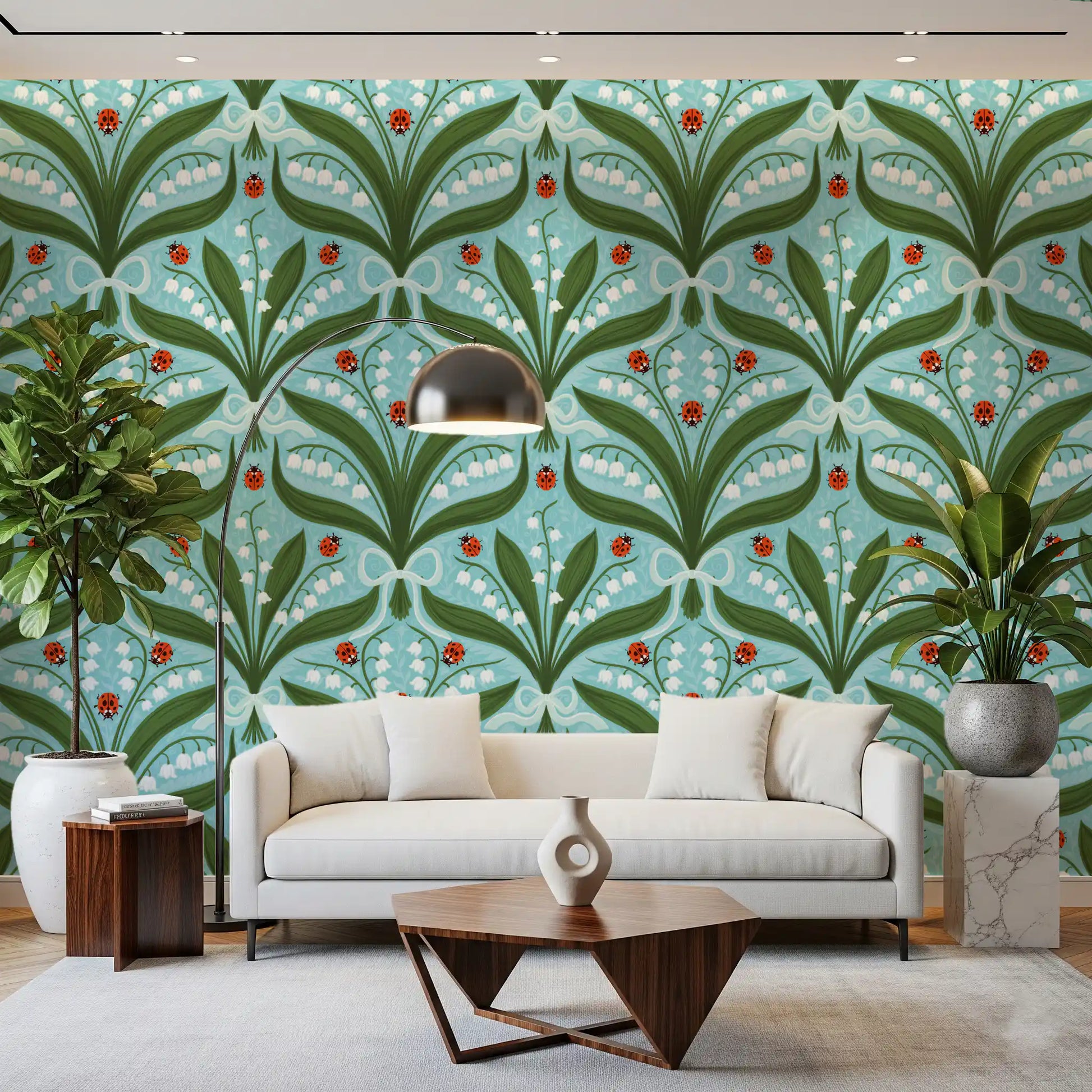 Bright red ladybugs land on flowers and leaves of this lily of the valley wallpaper., GD9681