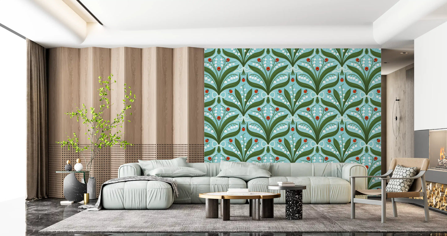White lily of the valley flowers fan out from a central stem in this blue wallpaper., GD9681