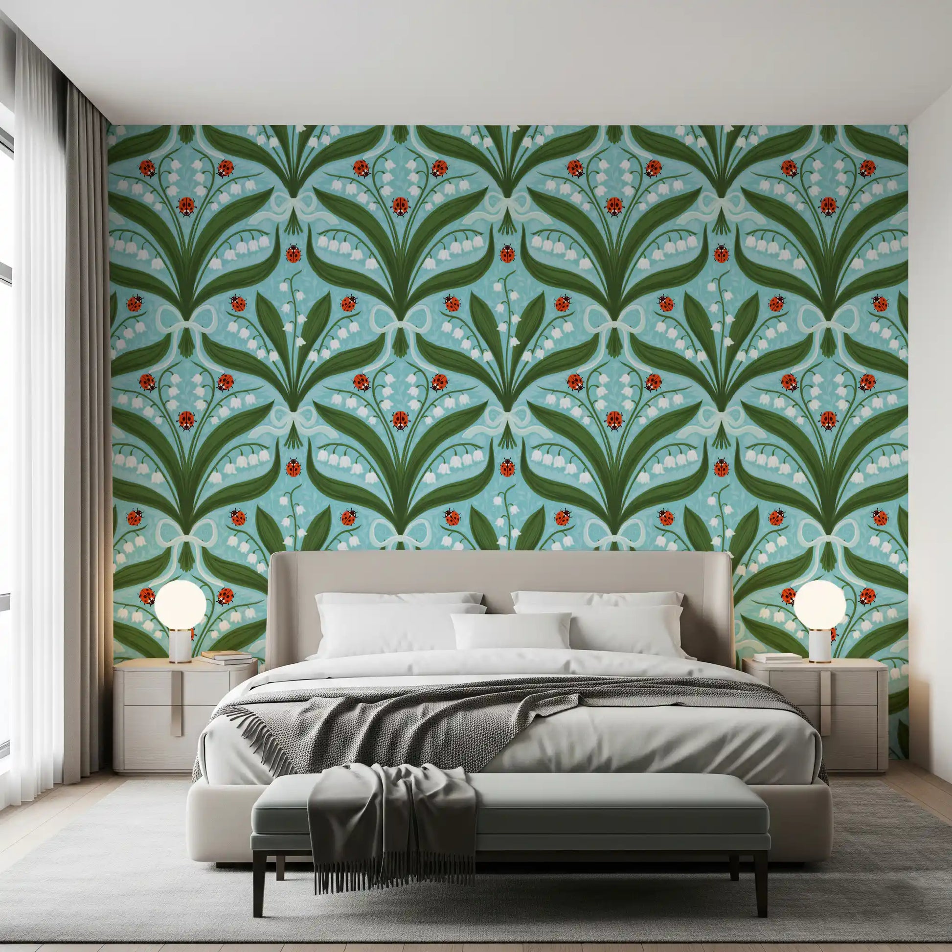 Garden charm fills a quiet bedroom in this lily and ladybug wallpaper., GD9681
