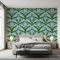 Garden charm fills a quiet bedroom in this lily and ladybug wallpaper., GD9681