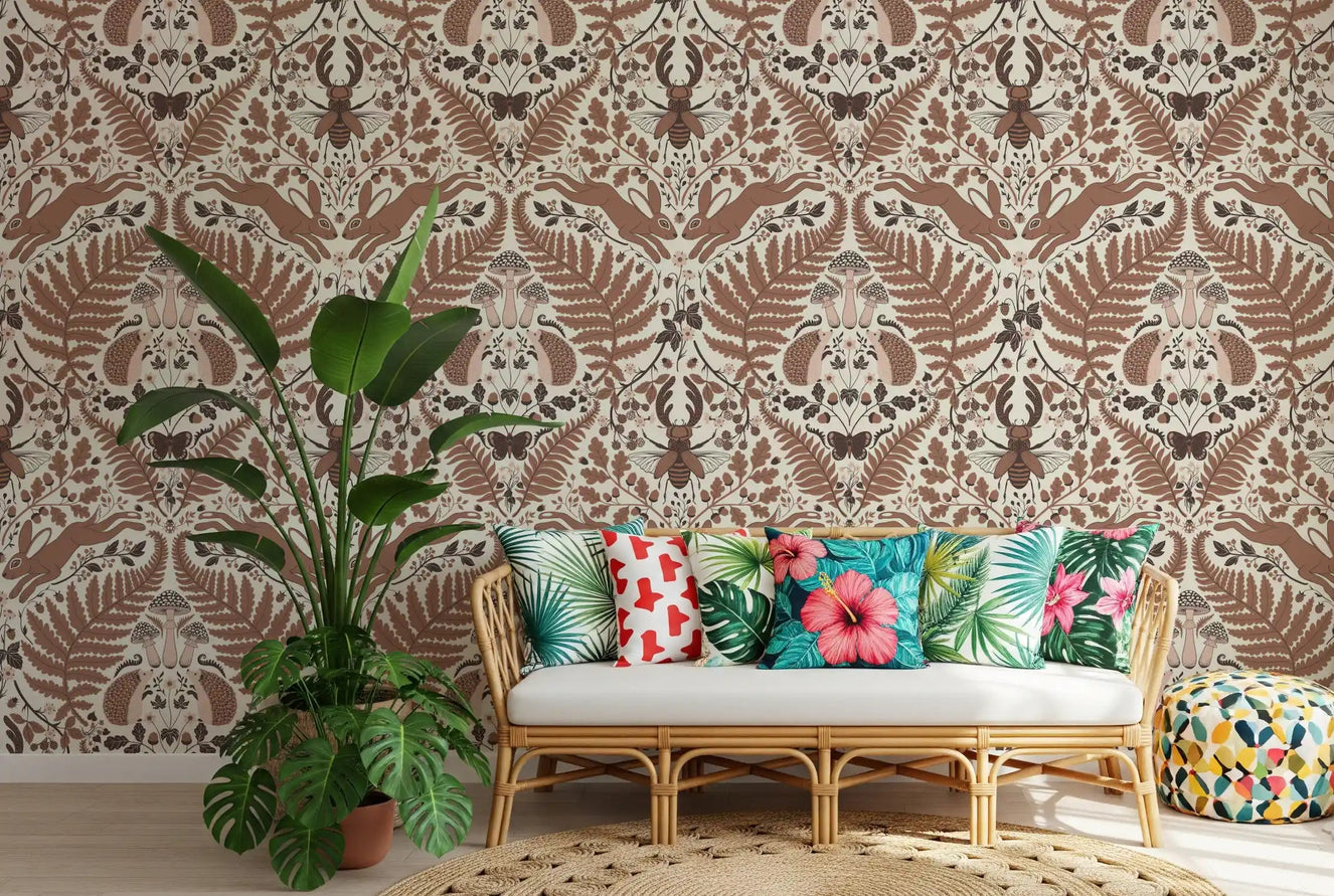 Tonal mocha browns warm a relaxed living room beside this woodland whispers wallpaper.