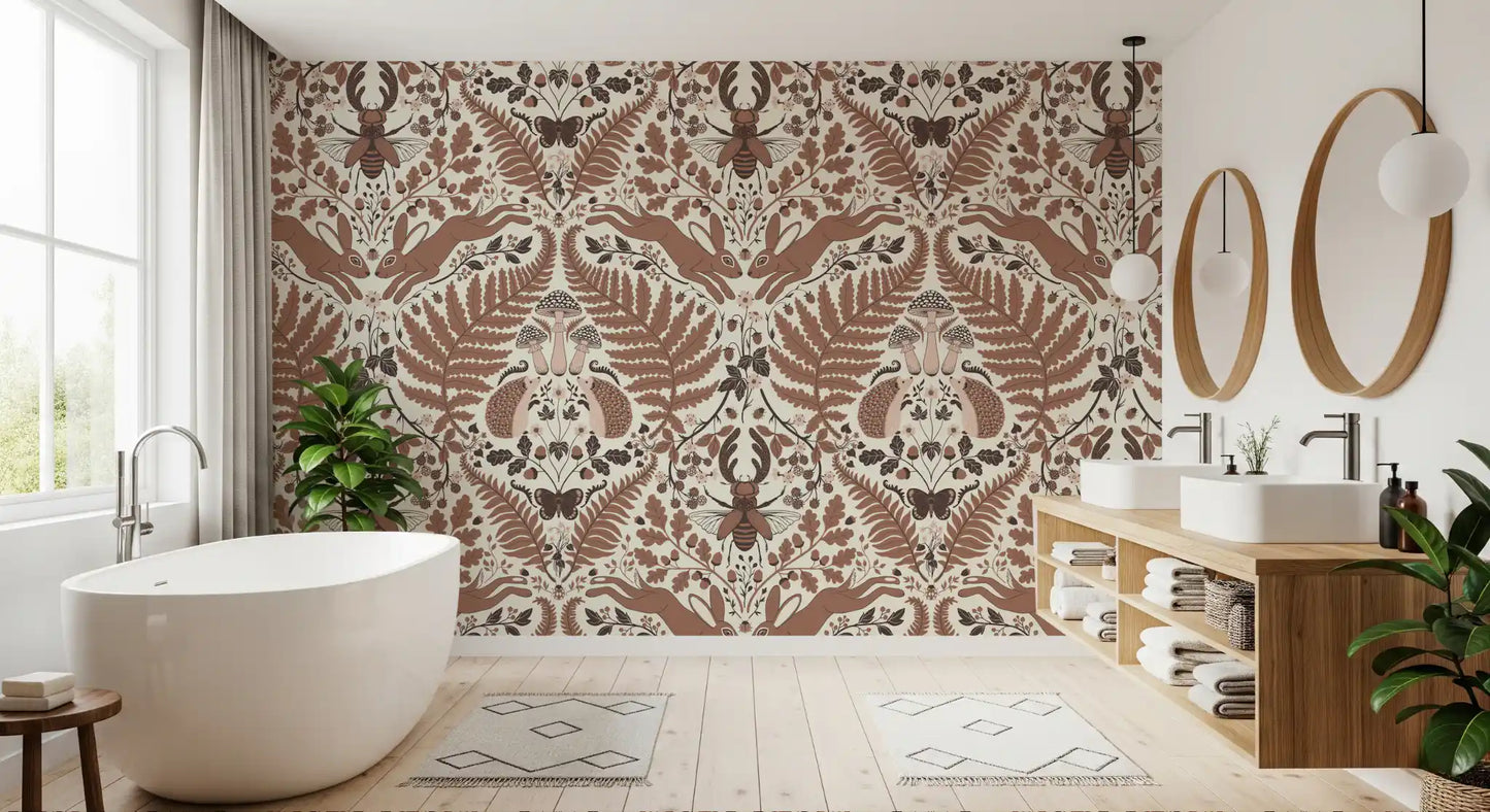 Folkloric warmth wraps a serene bathroom in this brown mocha woodland wallpaper., GD9682