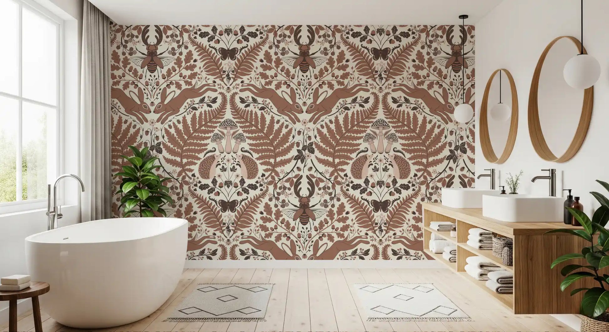 Folkloric warmth wraps a serene bathroom in this brown mocha woodland wallpaper., GD9682