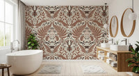 Folkloric warmth wraps a serene bathroom in this brown mocha woodland wallpaper., GD9682