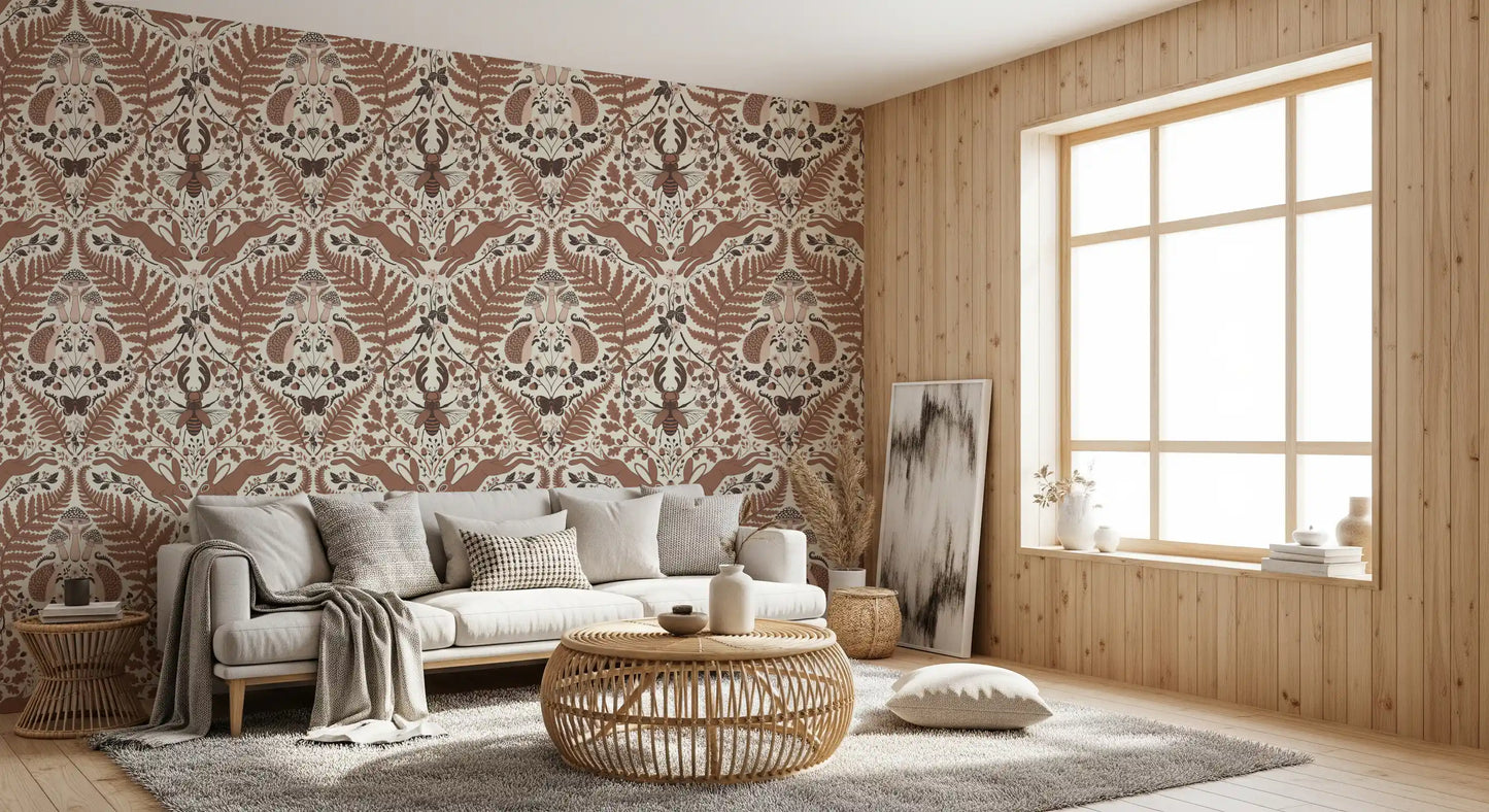 A vintage Living room comes alive against this mocha mousse hedgehog wallpaper., GD9682
