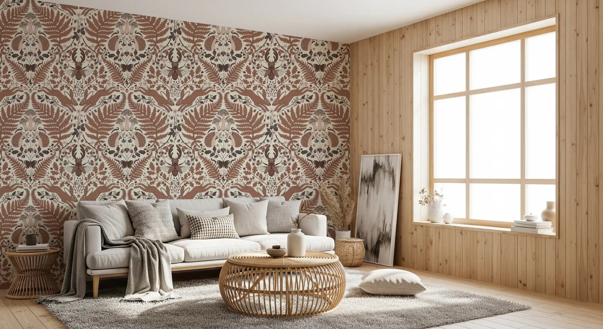 A vintage Living room comes alive against this mocha mousse hedgehog wallpaper., GD9682