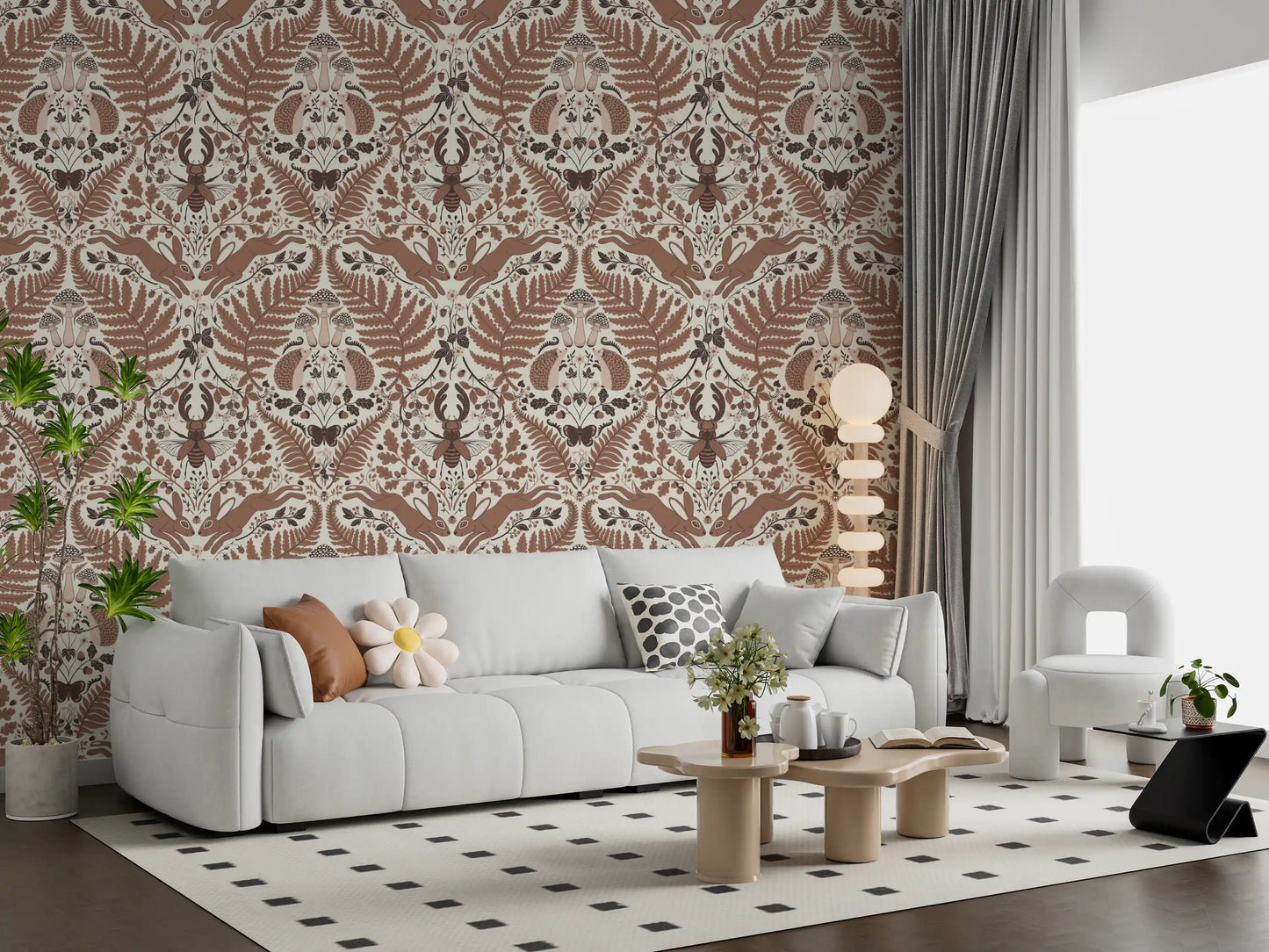 Mocha hedgehogs face one another at the heart of this woodland whispers wallpaper., GD9682