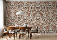 Mocha hares and hedgehogs balance a dining room across this brown fern wallpaper., GD9682