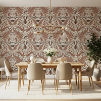 Curling brown ferns frame a dining area through this mocha mousse animals wallpaper., GD9682