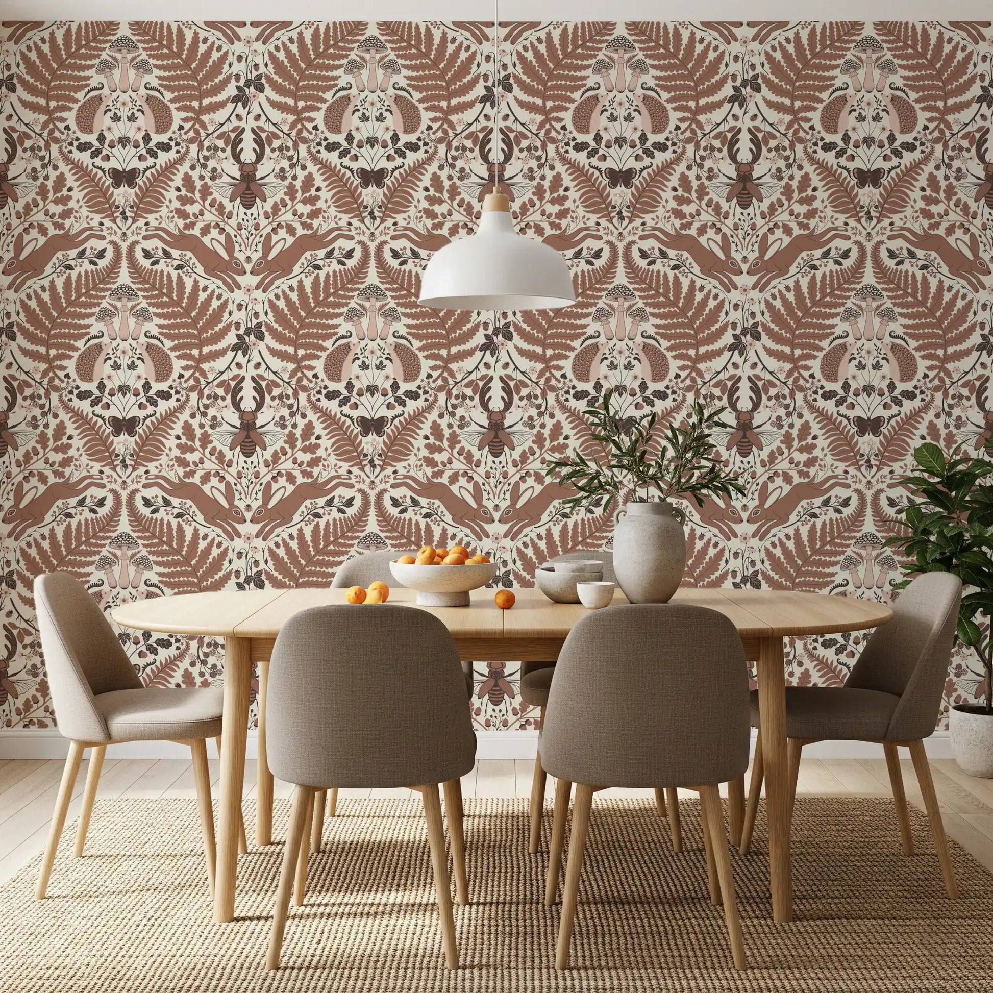 White and brown toadstools rise above the hedgehogs in this mocha woodland wallpaper., GD9682