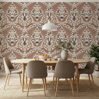 White and brown toadstools rise above the hedgehogs in this mocha woodland wallpaper., GD9682