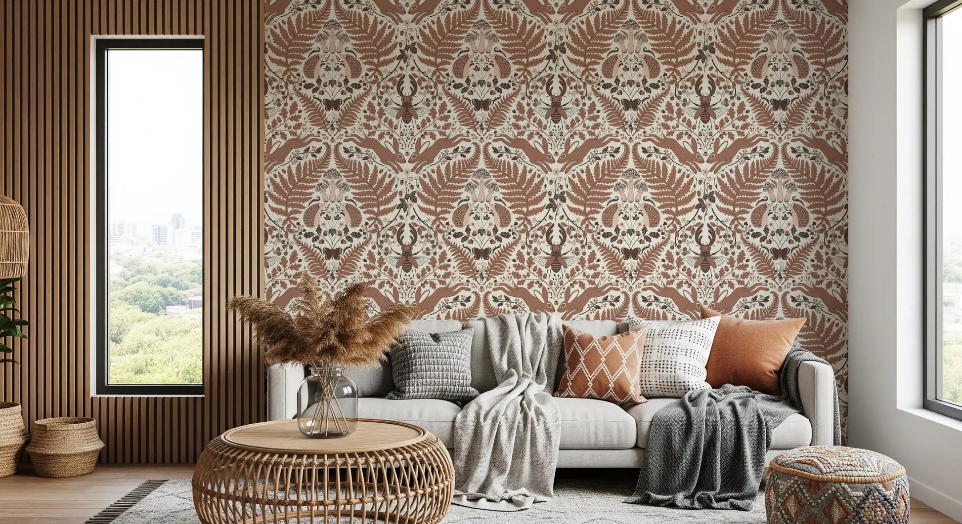 Mocha strawberries and small flowers dot the borders of this brown hedgehog wallpaper., GD9682