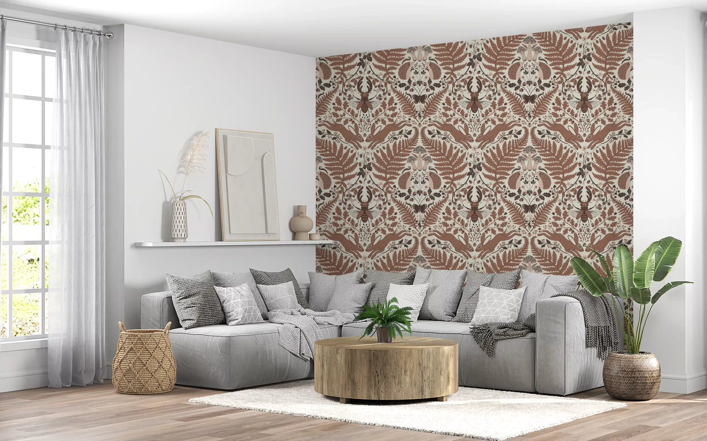 Hedgehogs and ferns fill a quiet lounge across this mocha mousse woodland wallpaper., GD9682