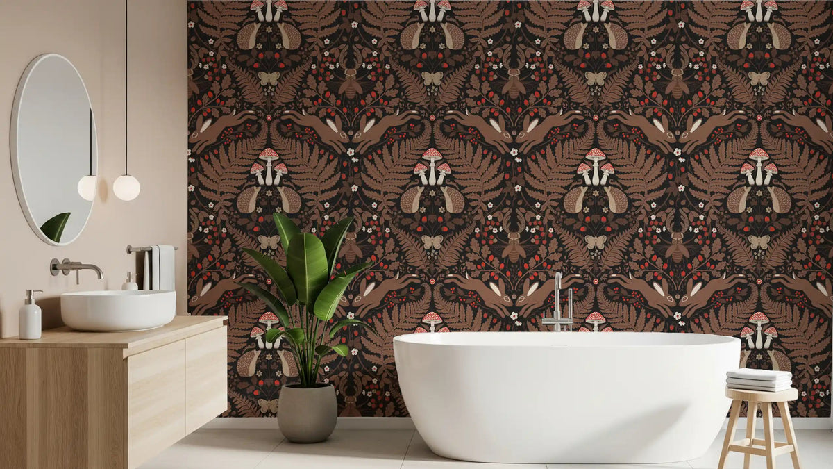A spa-style bathroom takes on dramatic depth from this dark woodland animals wallpaper., GD9683