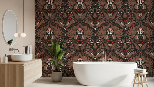 A spa-style bathroom takes on dramatic depth from this dark woodland animals wallpaper.