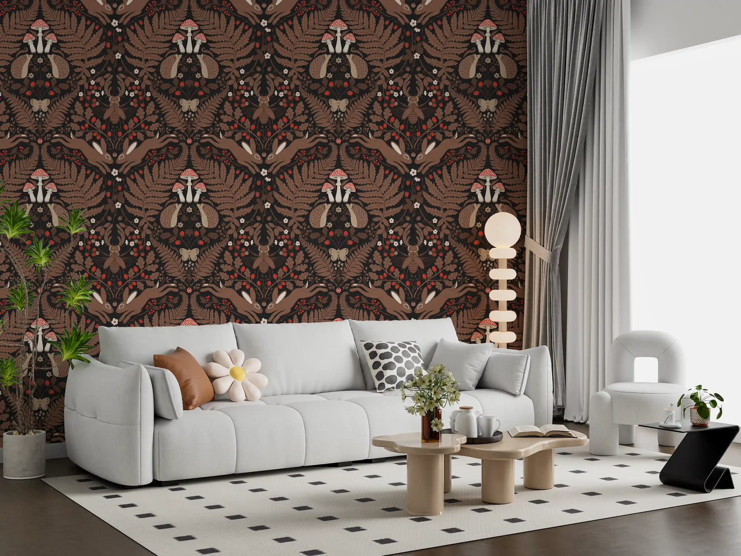 In a moody sitting room, this brown woodland wallpaper draws focus on hares and hedgehogs., GD9683