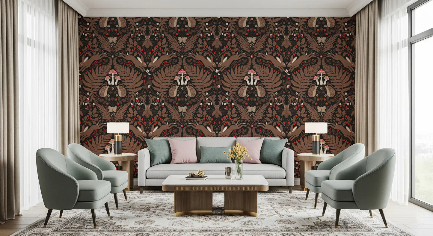 Brown hares anchor a moody Living room above this dark fern and mushroom wallpaper., GD9683