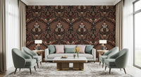 Brown hares anchor a moody Living room above this dark fern and mushroom wallpaper., GD9683