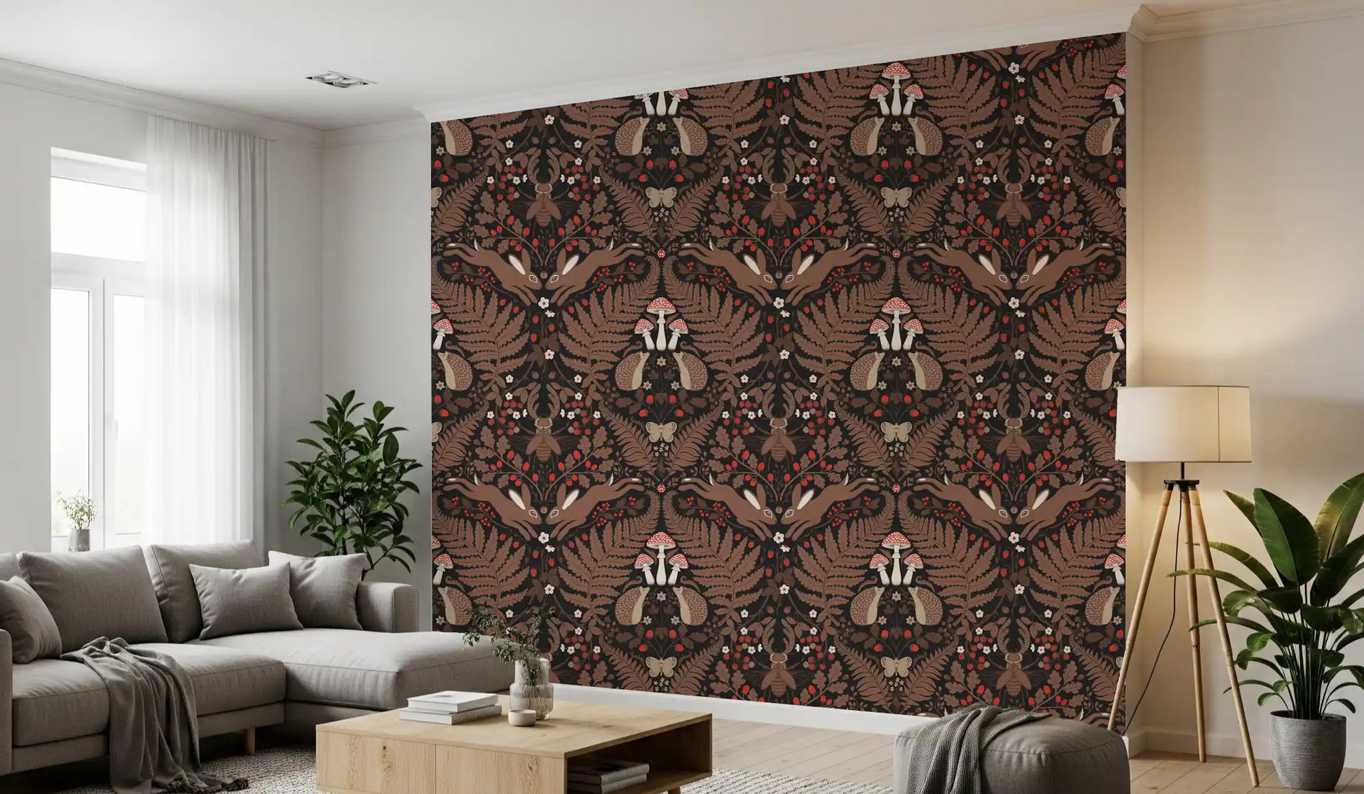 Charcoal background and red mushrooms wrap a quiet lounge in this woodland wallpaper., GD9683