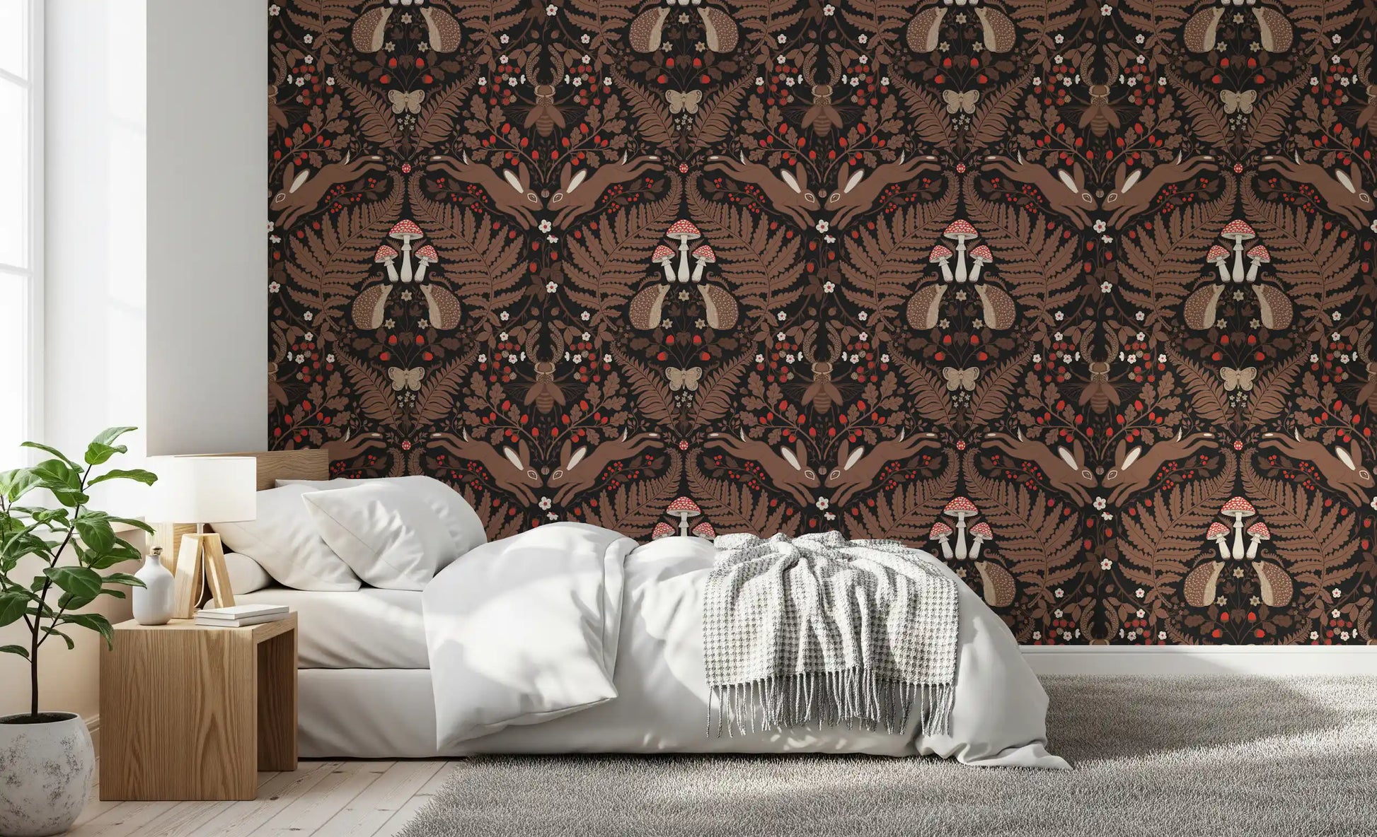Red strawberries and tiny berries scatter through this woodland and ferns wallpaper., GD9683