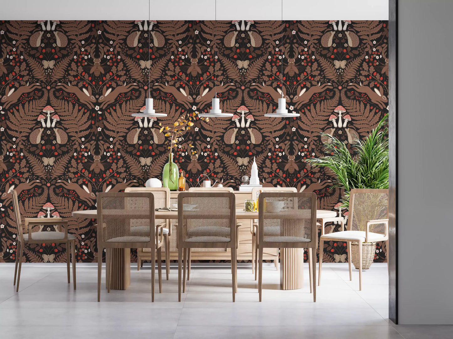 Brown hares pose at the top corners of this dark woodland animals wallpaper., GD9683