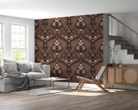 Brown hedgehogs and ferns fill a relaxed living room behind this dark woodland wallpaper., GD9683