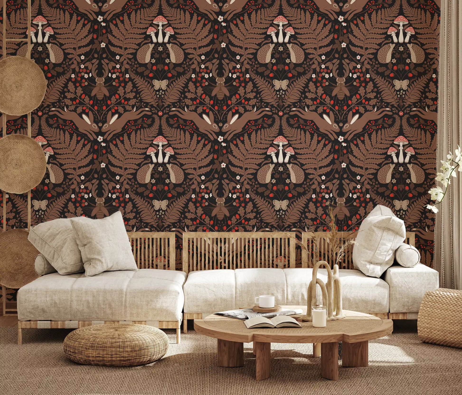 Three red and white toadstools rise above the hedgehogs in this woodland wallpaper., GD9683