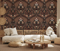 Three red and white toadstools rise above the hedgehogs in this woodland wallpaper., GD9683