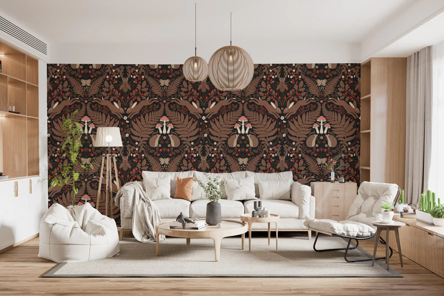 Hedgehog pair anchors the heart of this dark woodland wallpaper repeat., GD9683