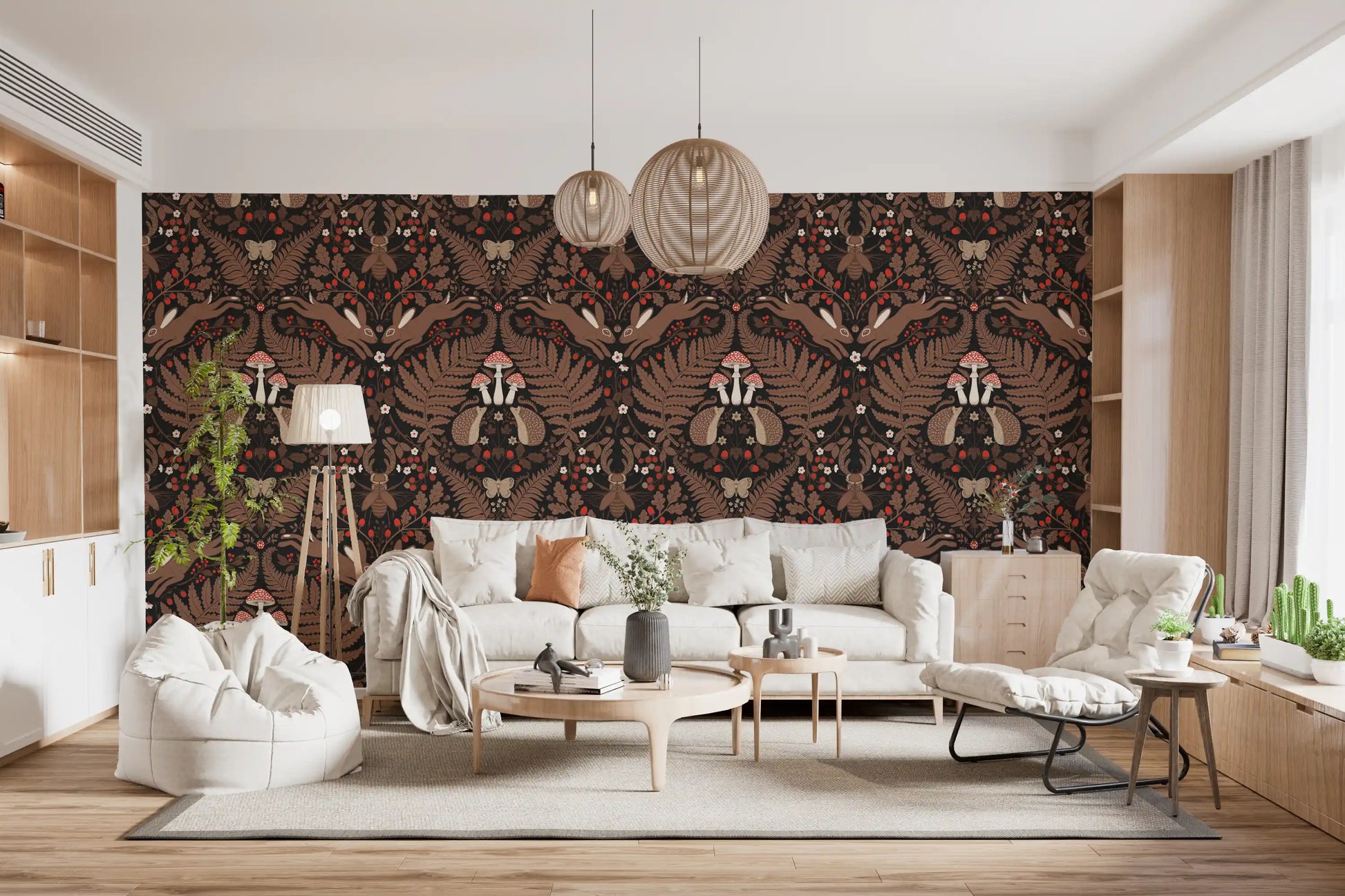 Hedgehog pair anchors the heart of this dark woodland wallpaper repeat., GD9683