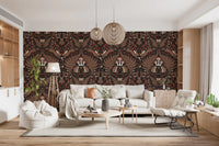 Hedgehog pair anchors the heart of this dark woodland wallpaper repeat., GD9683
