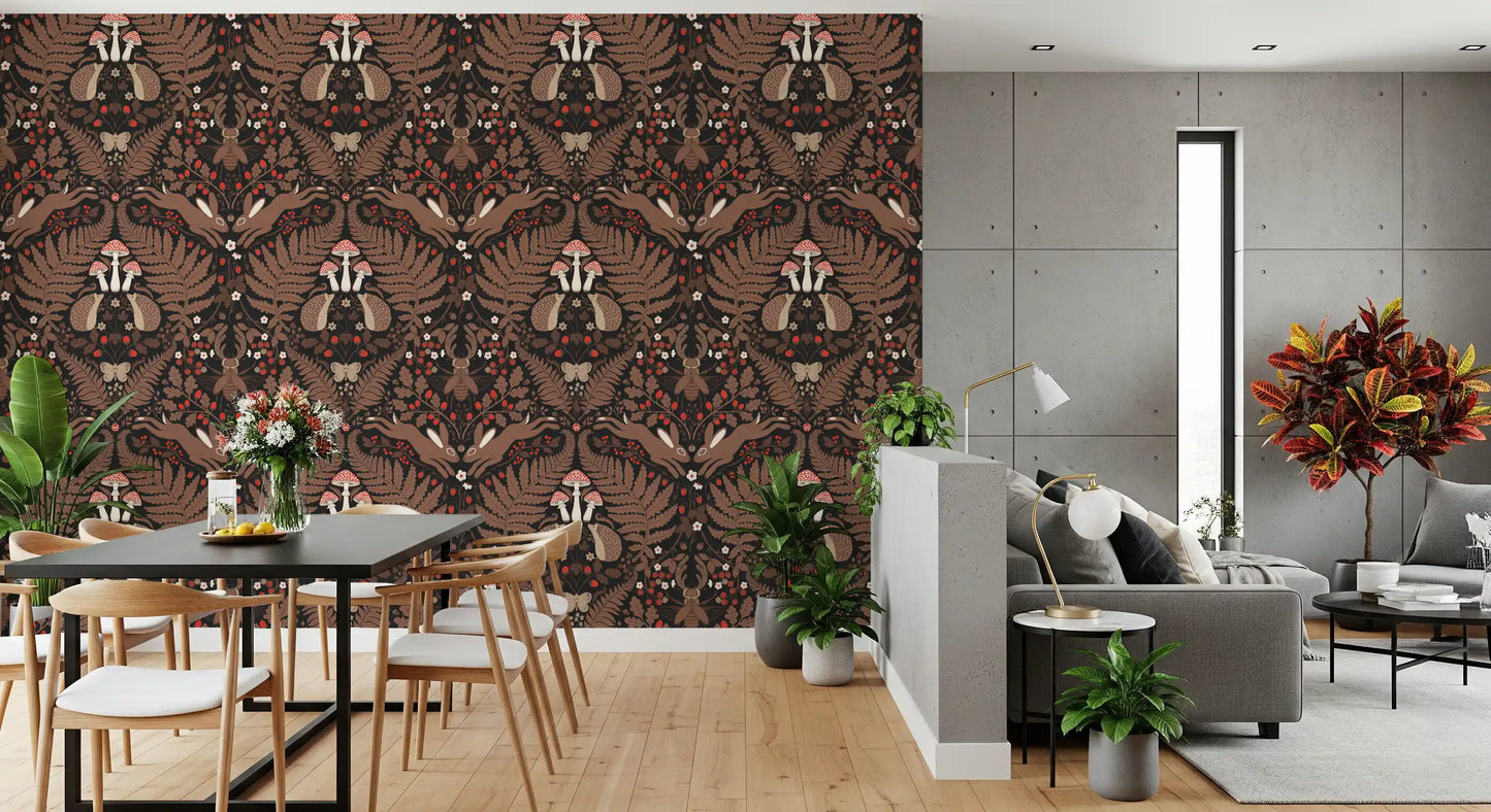 Red and brown tones bring drama to a dining area beside this woodland animals wallpaper., GD9683