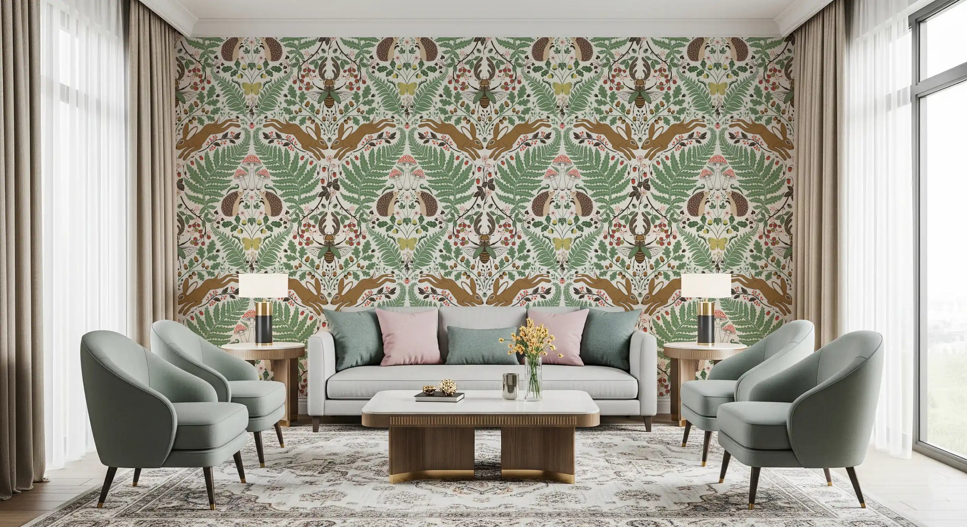 Tiny strawberries and pink flowers dot the edges of this sage fern wallpaper., GD9684