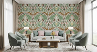 Tiny strawberries and pink flowers dot the edges of this sage fern wallpaper., GD9684