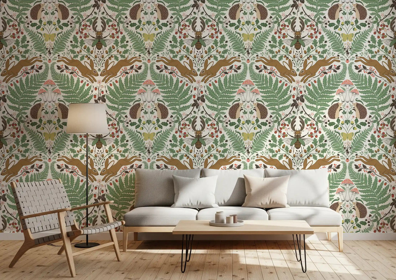 A bright living room takes on woodland charm against this sage and ochre wallpaper.