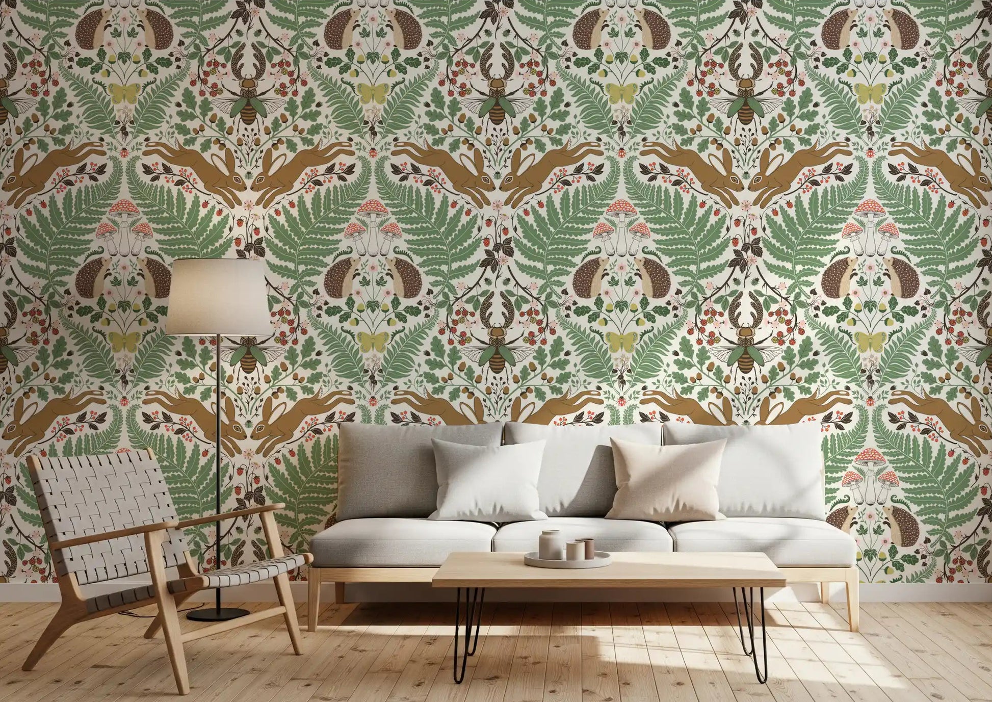 A bright living room takes on woodland charm against this sage and ochre wallpaper., GD9684