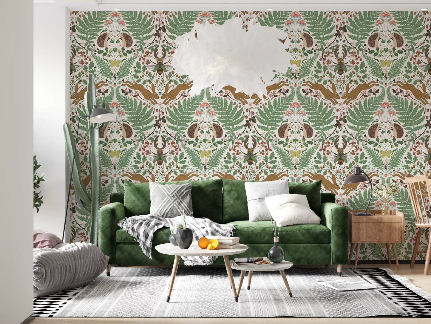 Ochre hares stretch across the upper corners of this woodland animals wallpaper., GD9684