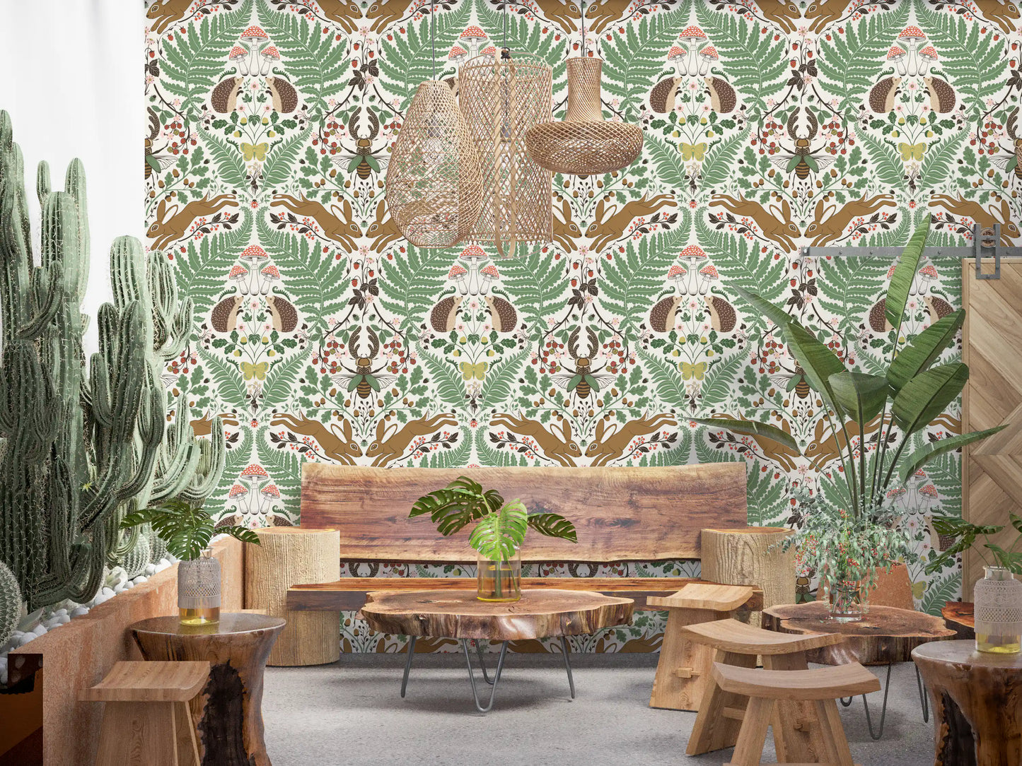 Hedgehogs and hares warm a sitting room from this sage fern and mushroom wallpaper., GD9684