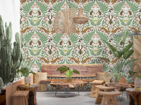Hedgehogs and hares warm a sitting room from this sage fern and mushroom wallpaper., GD9684