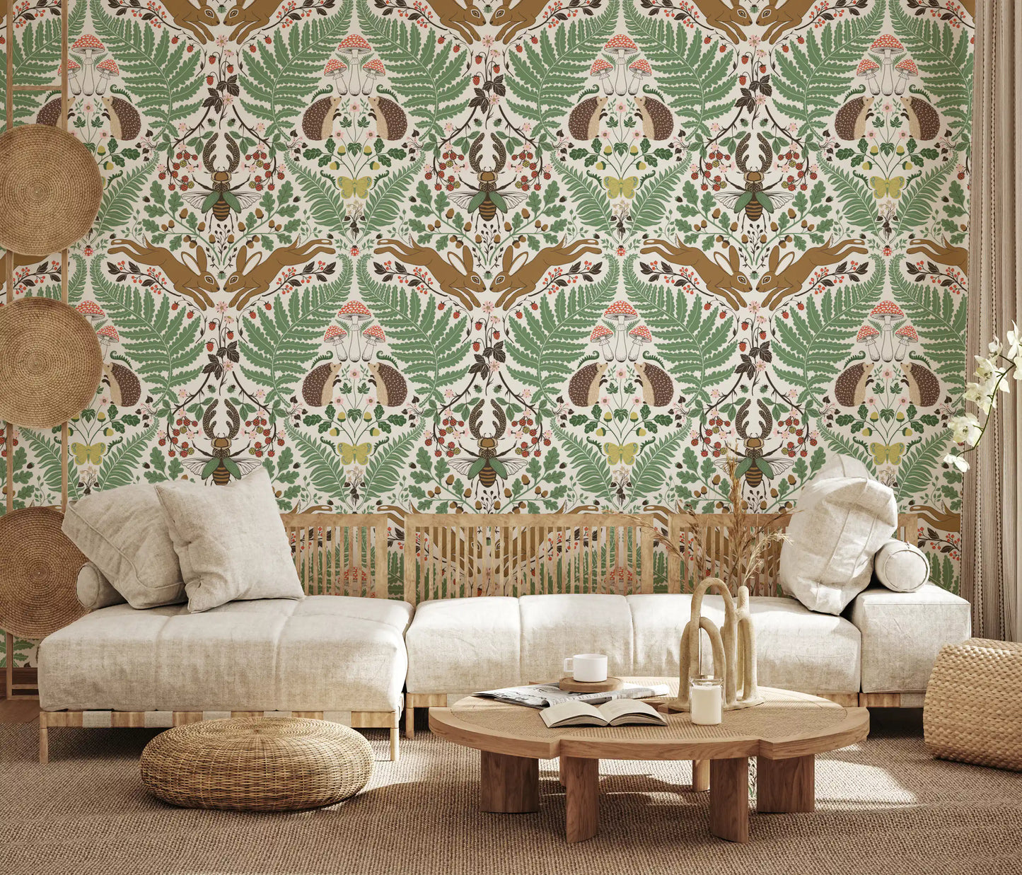 Sage ferns spread across a quiet lounge through this woodland animals wallpaper., GD9684